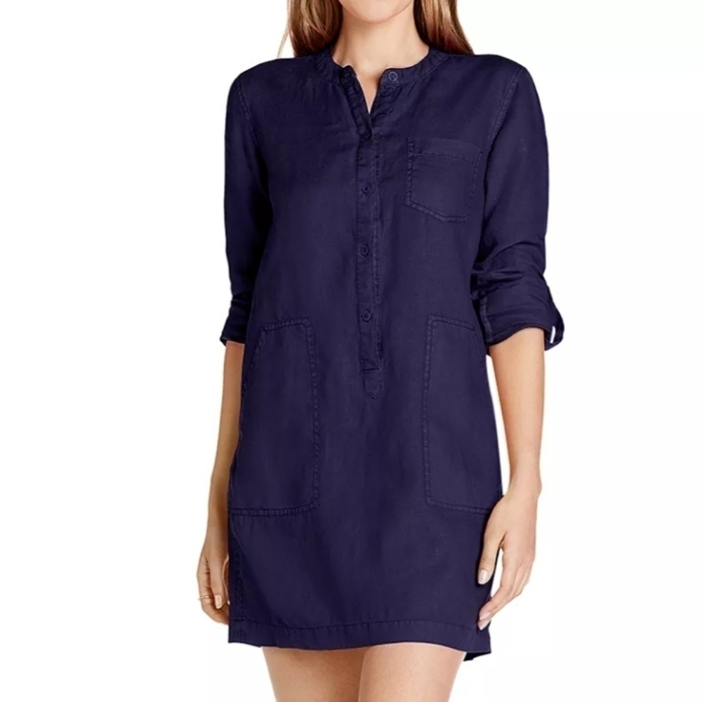 Michael Stars Molly Linen Mini Shirt Dress Pull On Navy Blue Long Sleeve NWT